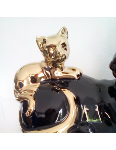 Statue céramique chat avec son chaton coloris blanc et argent